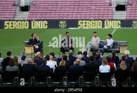 Sabadell, Barcelona, Spain. 31st May, 2023. Barcelona Spain 31.05.2023 Sergio Busquets (FC Barcelona) Gerard Pique (FC Barcelona) and Bojan Krkic (FC Barcelona) look during the farewell Sergio Busquets (FC Barcelona) at Camp Nou on 31. Mayl 2023 in Barcelona. (Credit Image: © Xavi Urgeles/ZUMA Press Wire) EDITORIAL USAGE ONLY! Not for Commercial USAGE! Stock Photo