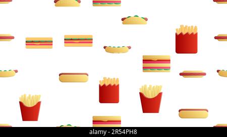 Seamless endless pattern of different delicious hearty hot hot dogs, sandwiches, fast food fries on a white background. Texture. Stock Vector