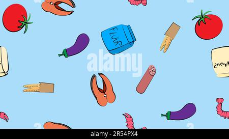 Seamless pattern vegetables and seafood eggplant shrimps salmon tomatoes delicious sweet fresh beautiful on a blue background. The texture is endless. Stock Vector