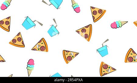 Seamless endless pattern of different delicious hearty hot pizzas, noodles, ice cream fast food on a white background. Texture. Stock Vector