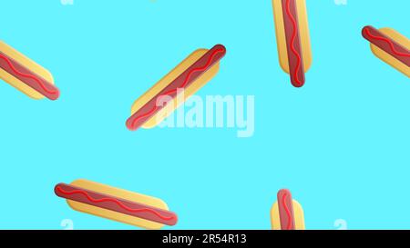 hotdog us blue background, vector illustration, pattern. bun with sausage, ketchup. favorite snack. wallpaper for restaurant, cafe, kitchen decor. coo Stock Vector