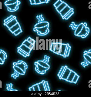Seamless pattern, texture abstract neon bright glowing flashing blue from icons, glasses with hot coffee, tea and copy space on black background. Vect Stock Vector