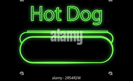 hot dog on a black background, neon, vector illustration. sausage sandwich, stuffed, appetizing bun. neon with an inscription in green. bright signboa Stock Vector