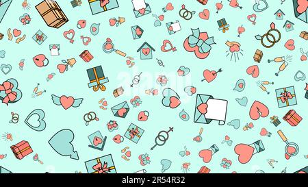 Texture seamless pattern from a set of love items with hearts and gifts for the holiday of love Valentine's Day February 14 or March 8 on a blue backg Stock Vector