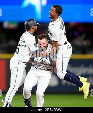 Teoscar Hernandez of the Seattle Mariners celebrates a run against the  Washington Nationals during the fifth inning at T-Mobile Park on June 26,  2023, in Seattle, Washington., National Sports