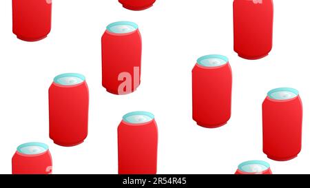 Soda drink seamless pattern. Repeating background with canned beverages (carbonated drinks). Patches, badges, pins, stickers. Red background. Stock Vector