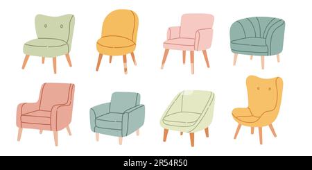 Armchair set, trendy scandinavian chairs isolated on white background. Comfortable armchair and stylish stool bundle. Stock Vector
