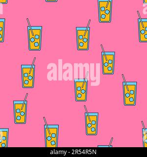 Seamless pattern of simple abstract alcoholic cocktails with ice juice and straw in glass cups, bar icons on pink purple background. Vector illustrati Stock Vector