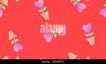 Endless seamless pattern of beautiful festive love flowers in pots with hearts on a red background. Vector illustration. Stock Vector