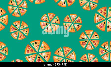 seamless pattern of pizza cartoon letters on a green background. Vector image. Stock Vector