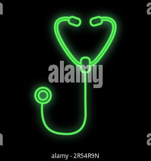 Bright luminous green medical digital medical neon sign for a pharmacy or hospital store beautiful shiny with a stethoscope or phonendoscope on a blac Stock Vector