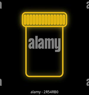 Bright luminous yellow medical digital neon sign for a pharmacy or hospital store beautiful shiny with jars for pills on a black background. Vector il Stock Vector