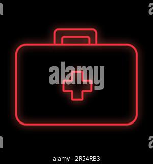 Bright luminous red medical digital neon sign for a pharmacy or hospital store beautiful shiny with a first aid kit and the inscription medicine on a Stock Vector