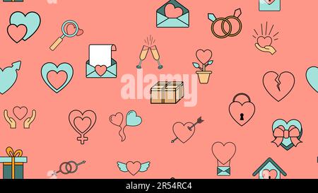 Texture seamless pattern from a set of love items with hearts and gifts for the holiday of love Valentine's Day February 14 or March 8 on a pink backg Stock Vector