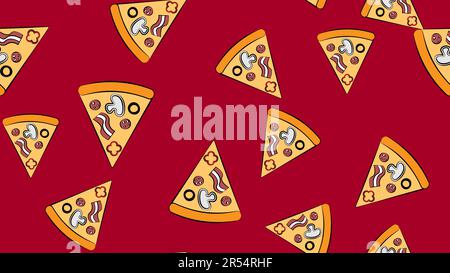 Pizza seamless pattern hand drawn vector illustration on black background. Pizza Doodles Food background with olive, pepper, mushroom and other food i Stock Vector