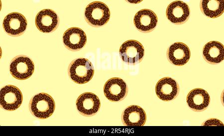 Seamless pattern, texture from round sweet tasty nourishing hot fresh donuts, pastries, sugar-coated cookies in brown chocolate confectionery glaze on Stock Vector