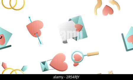 Endless seamless pattern of beautiful festive love joyful tender sets of heart items with magnifying glasses houses arrows and letters on a white back Stock Vector