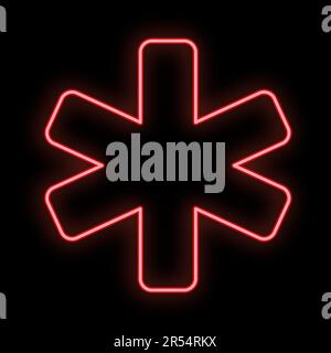 Bright luminous red medical digital neon sign for a pharmacy or hospital store beautiful shiny with an ambulance sign on a black background. Vector il Stock Vector