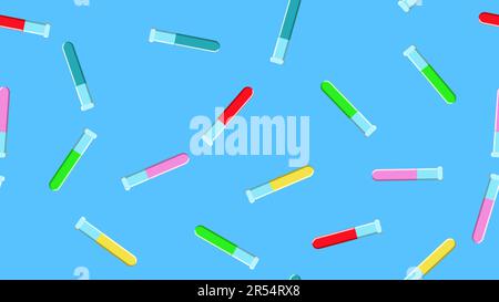 Seamless pattern texture of endless repetitive long multi-colored medical chemical glass scientific test tubes of flasks cans on blue background. Vect Stock Vector