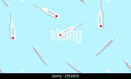 Seamless pattern texture of endless repetitive medical digital modern electronic mercury glass thermometers for measuring body temperature on a blue b Stock Vector