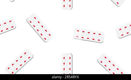Seamless pattern texture of red and blue medical medicinal pharmaceptic pills capsules in packaging plates on white background. Vector illustration. Stock Vector