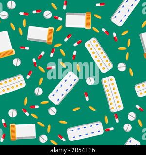 Medical seamless pattern, the texture of medicinal pharmaceutical tablets, cans, capsules, vitamins, drugs, plates, antibiotics, omega 3 fish oil isol Stock Vector