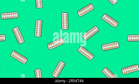 Seamless pattern endless texture of yellow round medical medicinal pharmaceutical pills tablets in packaging plates on a turquoise background. Vector Stock Vector