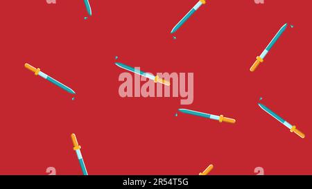 Seamless pattern texture of endless repetitive scientific medicine droppers pipettes for titration, instillation of medication with drops on a red bac Stock Vector