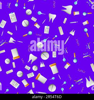 Endless seamless pattern of medical scientific medical objects icons jars with pills thermometers enemas documents on a blue background. Vector illust Stock Vector