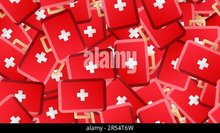 Endless seamless pattern of medical scientific medical items of first aid pharmacies on a red background. Vector illustration. Stock Vector