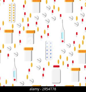 Medical seamless pattern, texture from medicinal pharmaceutical pills, cans, capsules, vitamins, drugs, plates, antibiotics, fish oil, thermometer iso Stock Vector