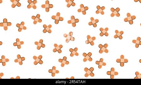 Seamless pattern texture of endless repetitive corporal medical pharmacological patches for sticking wounds and cuts against white yellow background. Stock Vector
