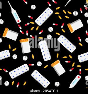 Medical seamless pattern, texture from medicinal pharmaceutical tablets, cans, capsules, vitamins, drugs, plates, antibiotics, fish oil, thermometer i Stock Vector