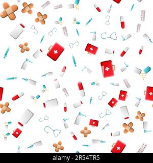 Endless seamless pattern of medical scientific medical items icons jars with pills capsules first aid kits and stethoscopes on a white background. Vec Stock Vector