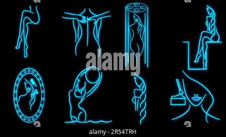 et of bright luminous blue neon signs for a solarium, beauty salon, hairdresser, sauna, massage, water aerobics, beautiful shiny beauty spa with women Stock Vector