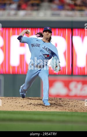 May 26, 2023, Minneapolis, Minnesota, United States: May 26, 2023, Minneapolis, Minnesota, USA: Toronto Blue Jays starting pitcher Kevin Gausman (34) sends a pitch during play between the Toronto Blue Jays and the Minnesota Twins at Target Field. Mandatory Credit: Bruce Fedyck Zuma Press (Credit Image: © Bruce Fedyck/ZUMA Press Wire) EDITORIAL USAGE ONLY! Not for Commercial USAGE! Stock Photo