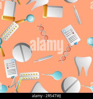 Endless seamless pattern of medical scientific medical objects icons jars with pills thermometers enemas documents on a yellow background. Vector illu Stock Vector