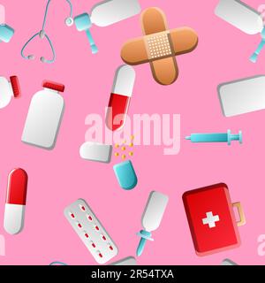 Endless seamless pattern of medical scientific medical items icons jars with tablets capsules first aid kits and stethoscopes on a pink background. Ve Stock Vector
