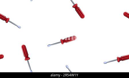 Texture, seamless abstract pattern of construction metal plastic red screwdrivers for repair, tool on white background. Vector illustration. Stock Vector