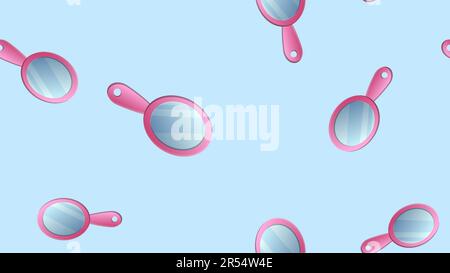 hand mirror on purple pattern background. Female accessories, beauty, fashion and style concept, seamless. Stock Vector