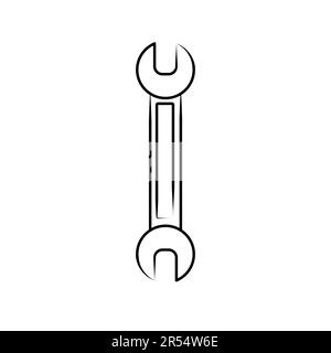 Construction black and white icon of a water open-end spanner designed to tighten and loosen nuts and bolts for repairs. Construction metalwork tool. Stock Vector
