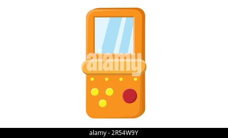 Old retro vintage isometry handheld game console with screen and buttons, tetris from 70s, 80s, 90s. Yellow icon. Vector illustration. Stock Vector
