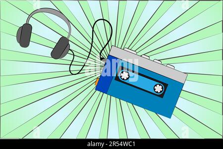 Retro old antique hipster music music player with headphones from the 70s, 80s, 90s, 2000s against a background of abstract green rays. Vector illustr Stock Vector