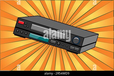 Retro old antique hipster video recorder from the 70s, 80s, 90s, 2000s against a background of abstract yellow rays. Vector illustration. Stock Vector