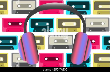 Ultra-violet big fashionable full-sized headphones for listening to music on the background of old retro vintage hipster audio cassettes from the 80's Stock Vector