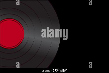 Black vivid musical analogue retro old antique hipster vintage gramophone record with a red center for a gramophone on a black background on the left. Stock Vector
