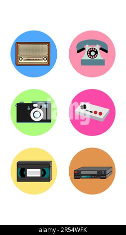 A set of six round icons for the current old antique retro technology phone radio camera joystick video player and cassette on a white background. Vec Stock Vector
