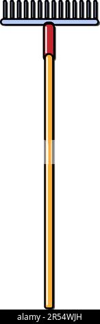 Construction yellow and red icon of an agricultural rake by a wooden handle intended for cleaning leaves. Construction tool. Vector. Stock Vector