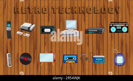 Set of retro old vintage equipment icons from the 70s, 80s, 90s music audio cassettes VCR player TV computer vinyl mobile phone game console on the ba Stock Vector