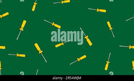 Texture, seamless abstract pattern of metal construction plastic yellow screwdrivers for repair, tool on green background. Vector illustration. Stock Vector